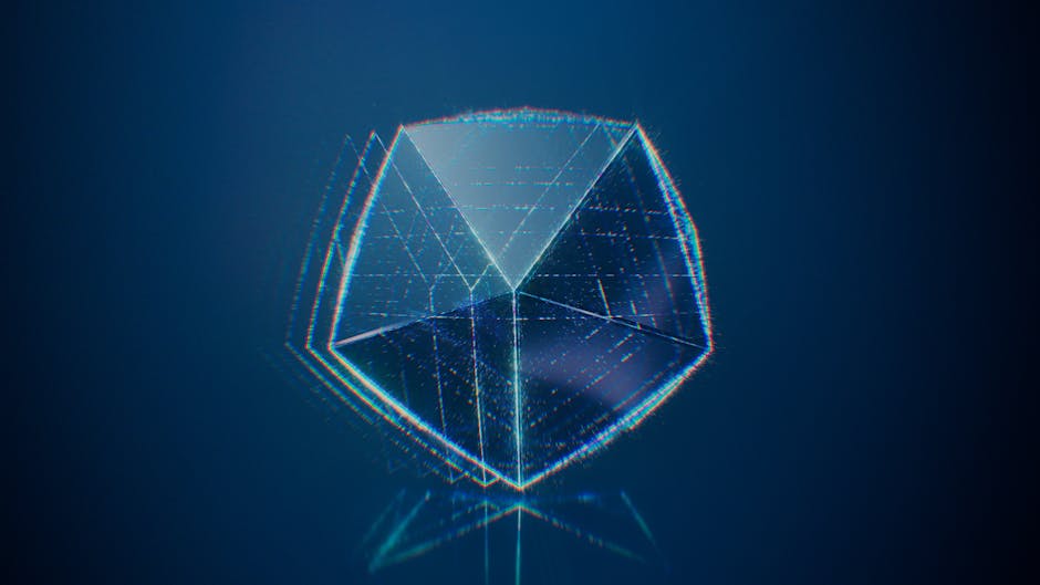 A digital rendering of a futuristic, abstract geometric shape on a blue gradient background.