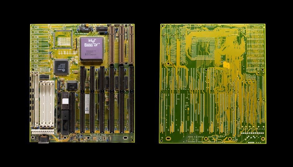 Detailed image of a vintage motherboard featuring an Intel 486 chip, showcasing the complexity of retro computing components.