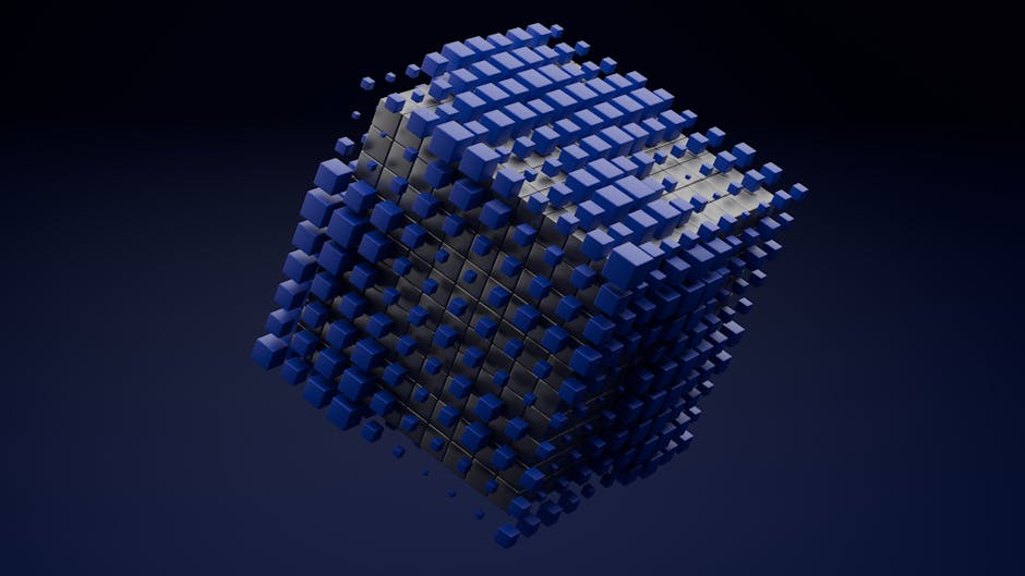 A 3D abstract cube made of blue blocks floating on a dark background.